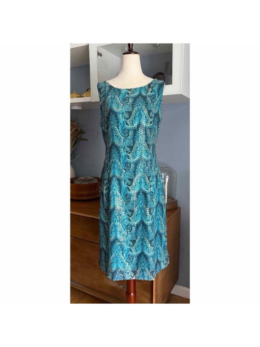 Vintage Paola Quadretti Firenze Silk Paisley Sequins Sheath Dress Size 44 Blue